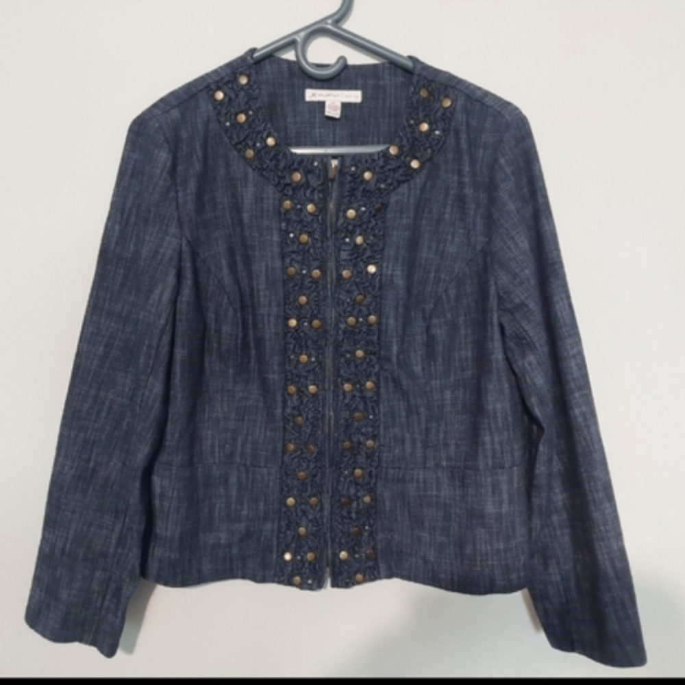 JM Collection Blue Zip Front Blazer Studded Womans 10 Petite Western Classic